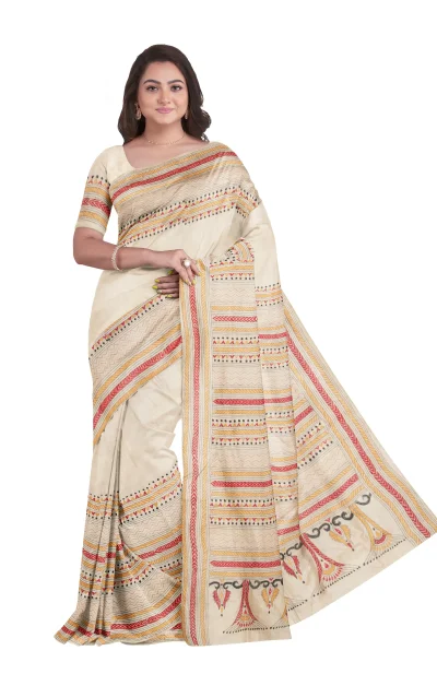 Handcrafted Kantha Tussar Silk Saree – Multi Colour