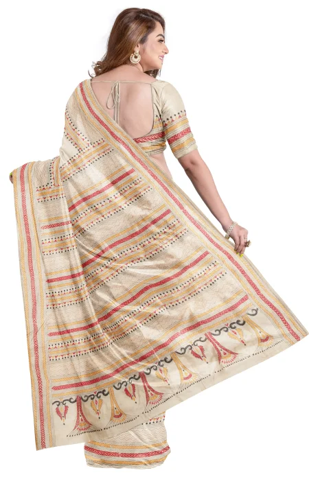 Handcrafted Kantha Tussar Silk Saree – Multi Colour - Image 2