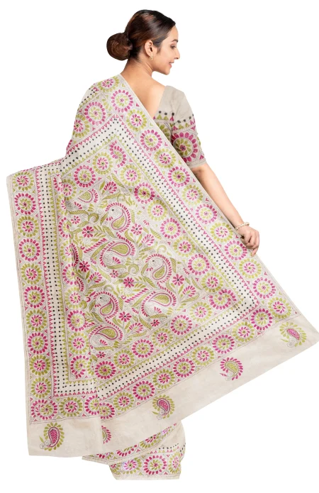 Handcrafted Kantha Tussar Silk Saree – Multi Colour - Image 2