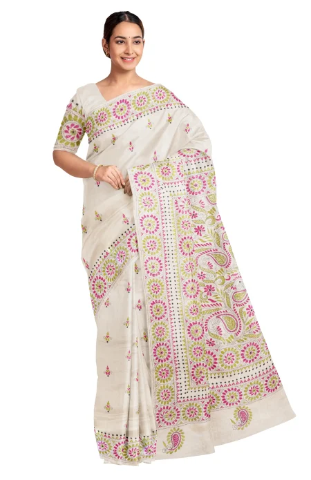 Handcrafted Kantha Tussar Silk Saree – Multi Colour - Image 3