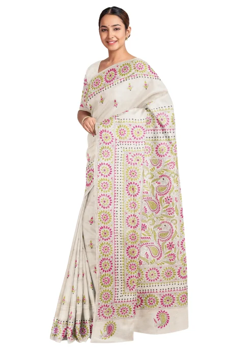 Handcrafted Kantha Tussar Silk Saree – Multi Colour