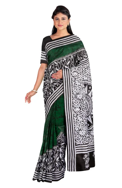 Handcrafted Kantha Batik Silk Saree - Multi Colour