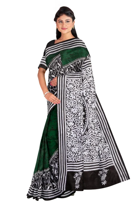 Handcrafted Kantha Batik Silk Saree - Multi Colour - Image 3