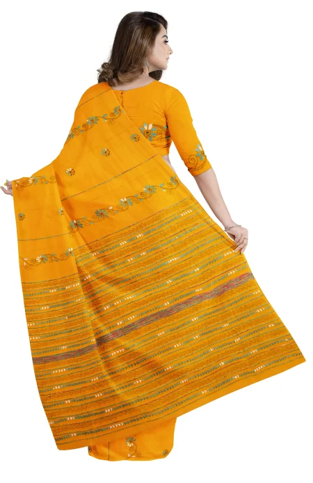 Khes Kantha Cotton Saree - Mustard Yellow - Image 2