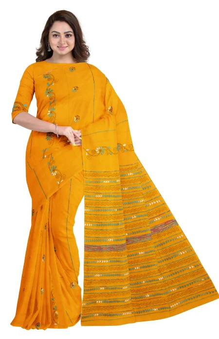 Khes Kantha Cotton Saree - Mustard Yellow