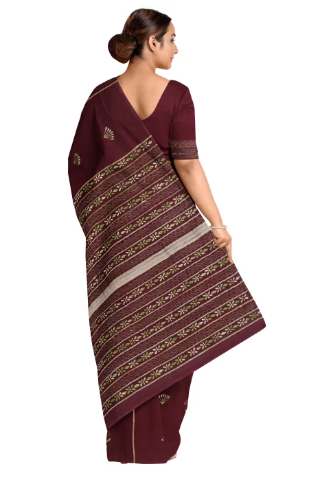 Khes Kantha Cotton Saree - Meroon - Image 2