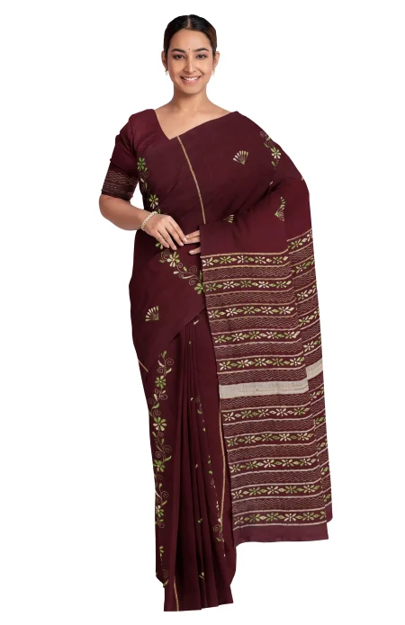 Khes Kantha Cotton Saree - Meroon - Image 3