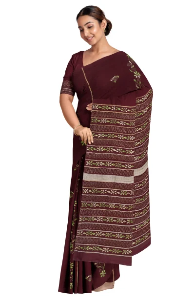 Khes Kantha Cotton Saree - Meroon
