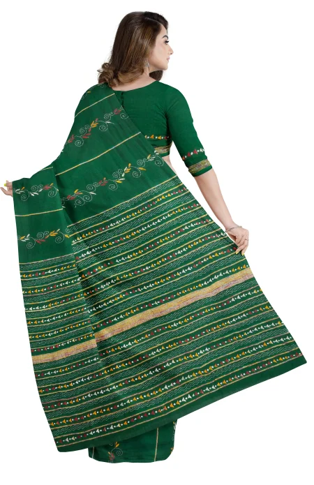 Khes Kantha Cotton Saree - Green - Image 2