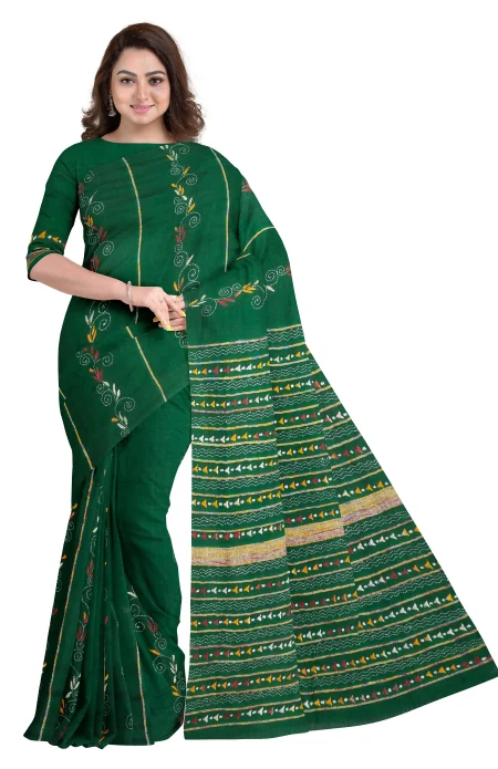 Khes Kantha Cotton Saree - Green - Image 3