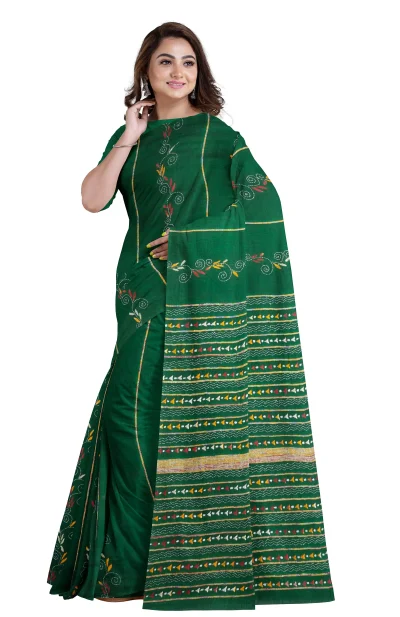 Khes Kantha Cotton Saree - Green