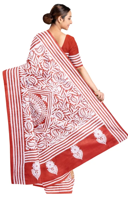 Handcrafted Kantha Batik Silk Saree - Brown - Image 2