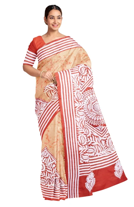 Handcrafted Kantha Batik Silk Saree - Brown - Image 3