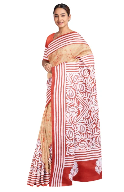 Handcrafted Kantha Batik Silk Saree - Brown