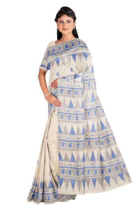 Handcrafted Kantha Tussar Silk Saree – Multi Colour - Image 3