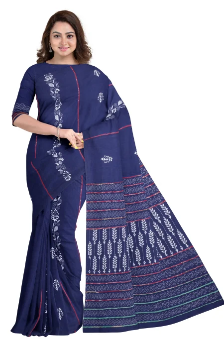 Khes Kantha Cotton Saree - Blue - Image 3