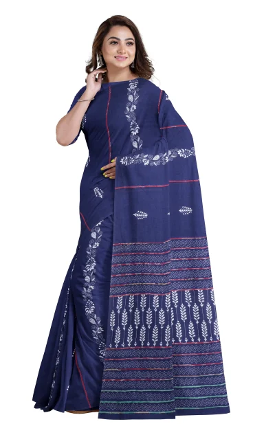 Khes Kantha Cotton Saree - Blue