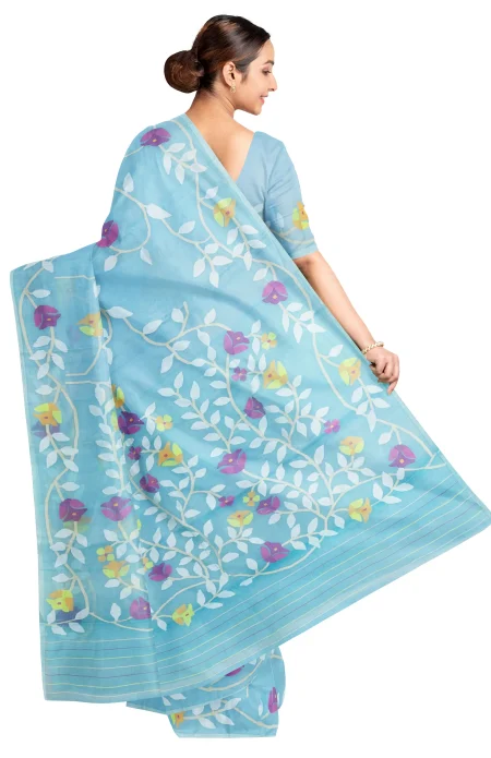 Kora Silk Jamdani Saree - Sky Blue - Image 2