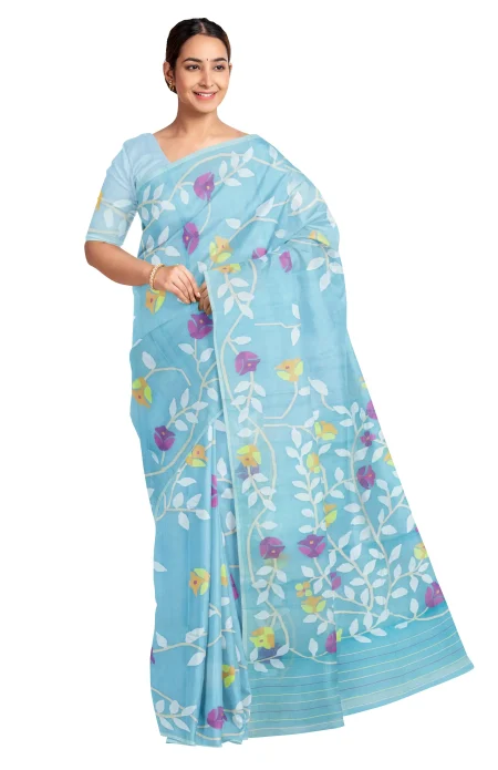 Kora Silk Jamdani Saree - Sky Blue - Image 3