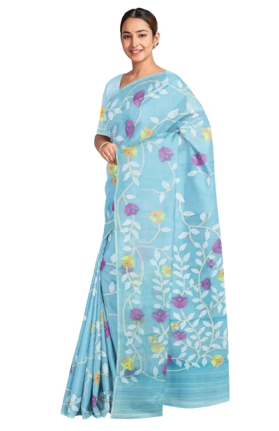 Kora Silk Jamdani Saree - Sky Blue