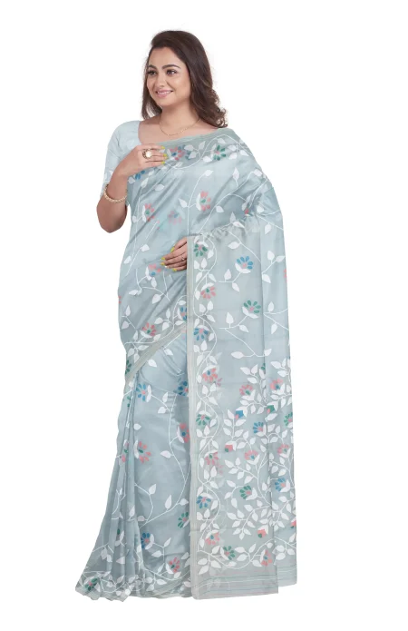 Kora Silk Jamdani Saree - Metallic Silver - Image 3