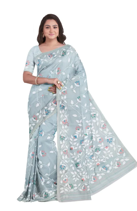 Kora Silk Jamdani Saree - Metallic Silver - Image 2