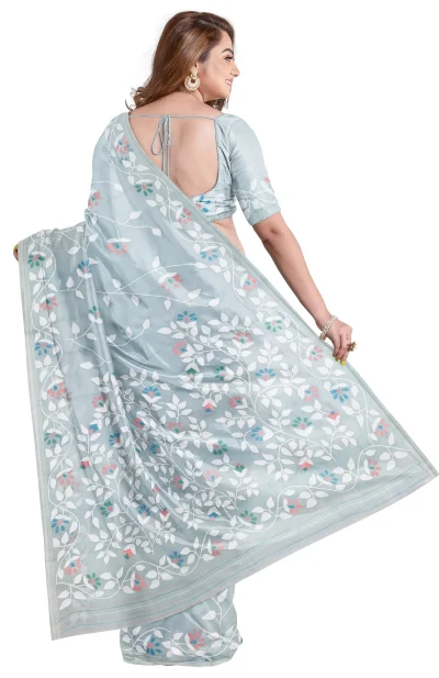 Kora Silk Jamdani Saree - Metallic Silver