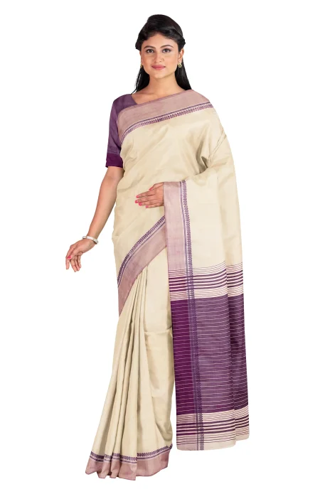 Handwoven Bishnupuri Silk Saree - Light Beige - Image 3