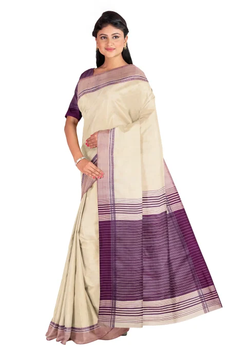 Handwoven Bishnupuri Silk Saree - Light Beige - Image 2