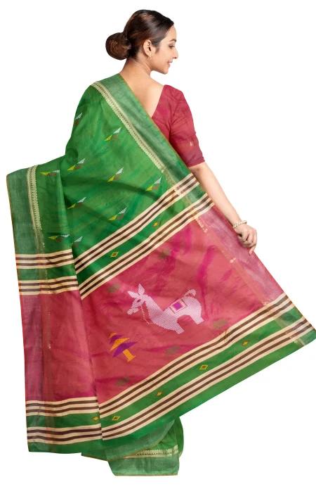 Handwoven Bishnupuri Silk Saree - Green - Image 2