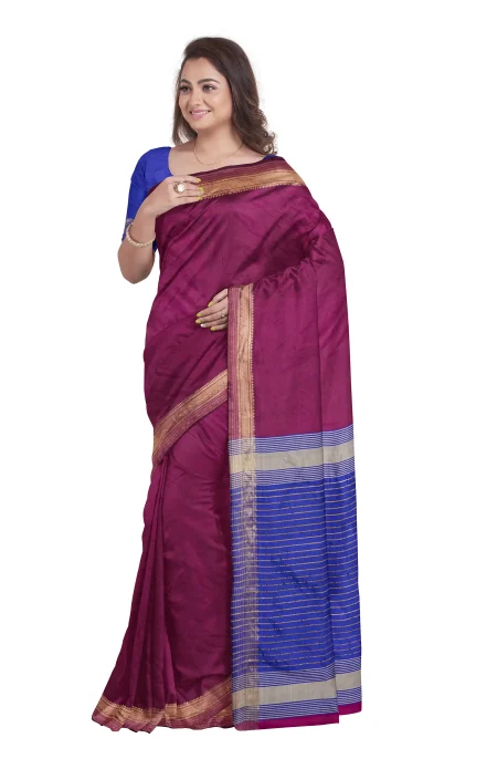Handwoven Bishnupuri Silk Saree - Burgundy Colour - Image 3