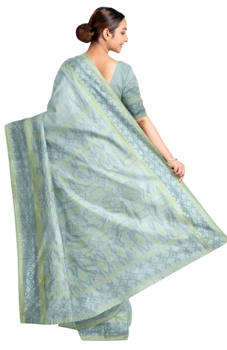 Tangail Tussar Silk Saree - Teal - Image 2
