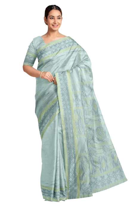 Tangail Tussar Silk Saree - Teal - Image 3