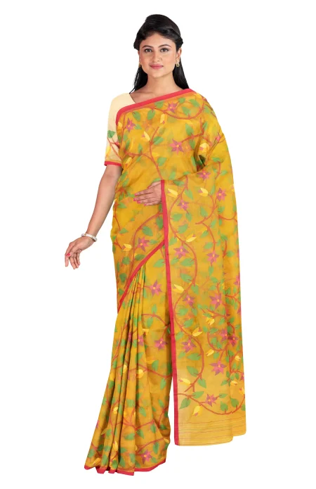 Kora Silk Jamdani Saree - Mustard - Image 3
