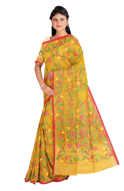 Kora Silk Jamdani Saree - Mustard