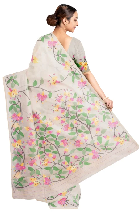 Kora Silk Jamdani Saree - Cream - Image 2
