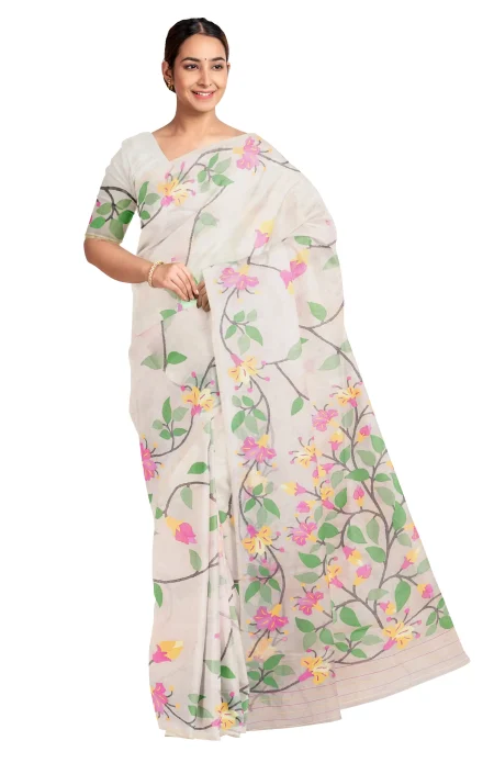 Kora Silk Jamdani Saree - Cream - Image 3