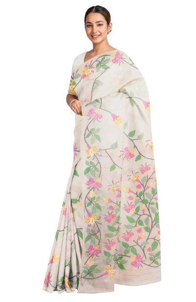 Kora Silk Jamdani Saree - Cream