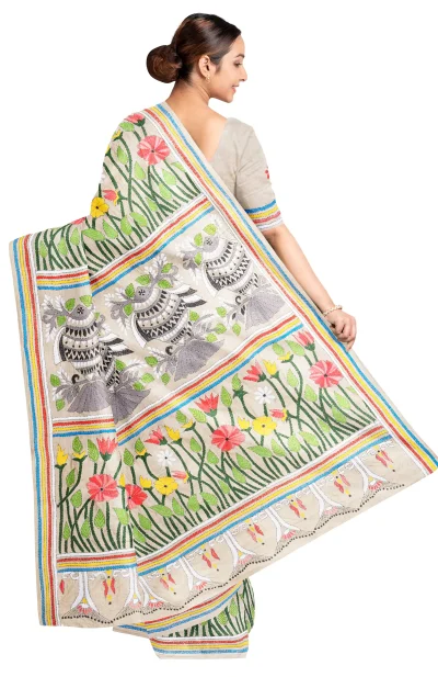 Handcrafted Kantha Tussar Silk Saree – Multi Colour