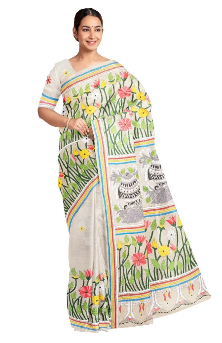 Handcrafted Kantha Tussar Silk Saree – Multi Colour - Image 3