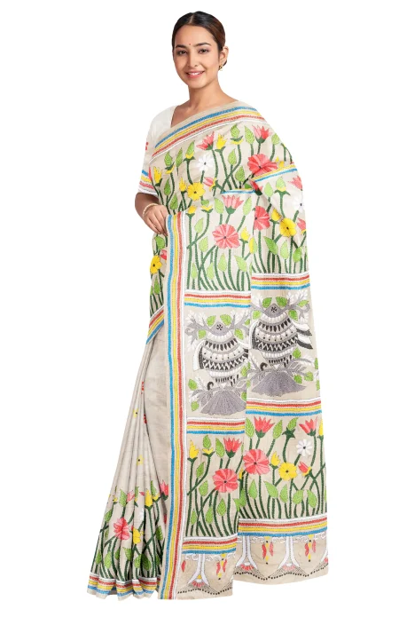 Handcrafted Kantha Tussar Silk Saree – Multi Colour - Image 2