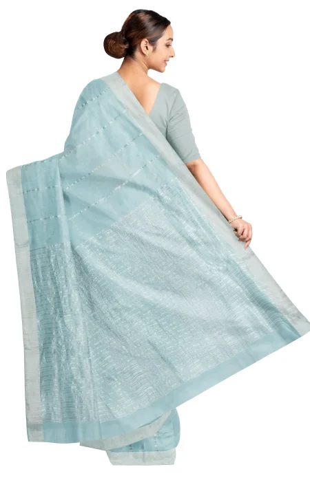 Handwoven Tangail Silk Saree with Zari Work - Teal - Image 2