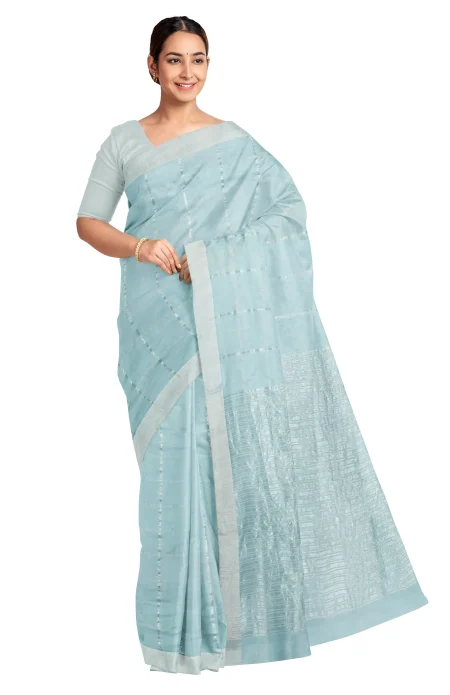 Handwoven Tangail Silk Saree with Zari Work - Teal - Image 3