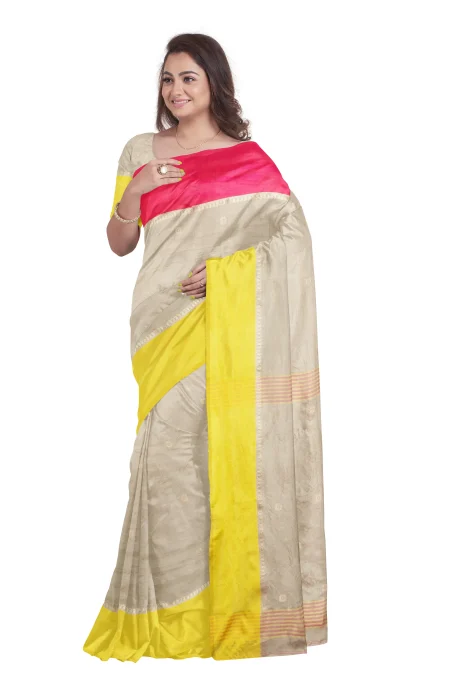 Handwoven Tangail Silk Saree - Beige - Image 3