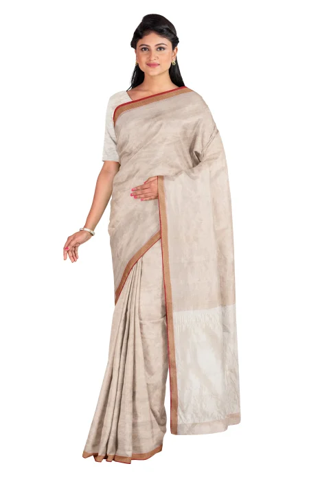 Tangail Tussar Silk Saree - Beige - Image 3