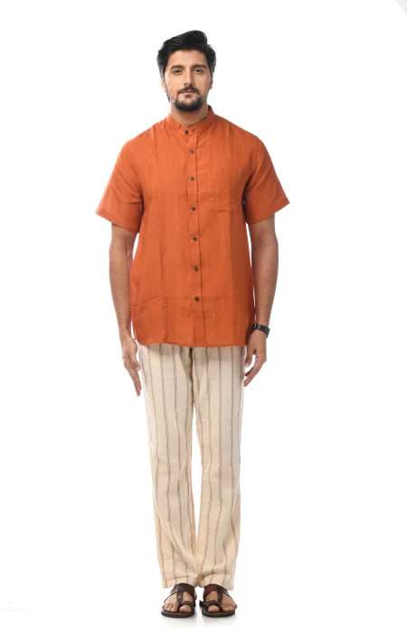 Pleated Half Sleeves Linen Shirt - Rust - Image 4