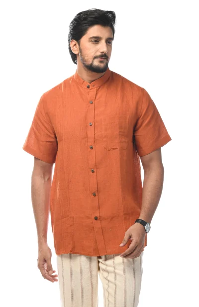 Pleated Half Sleeves Linen Shirt - Rust