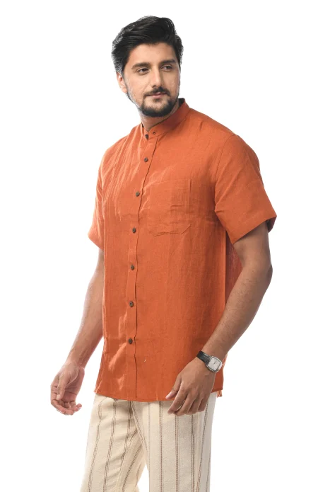 Pleated Half Sleeves Linen Shirt - Rust - Image 2
