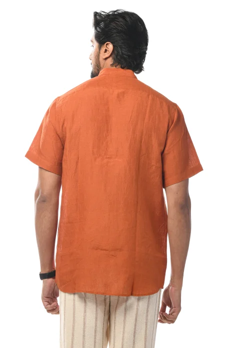 Pleated Half Sleeves Linen Shirt - Rust - Image 3