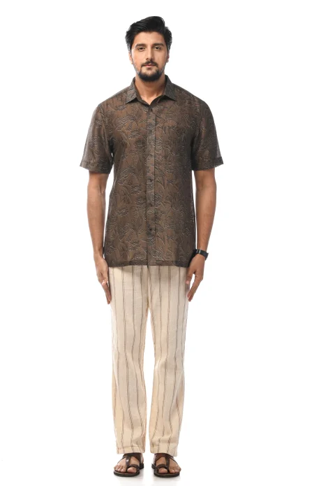 Digital Printed Cotton Half Sleeves Shirt - Brown - Image 4